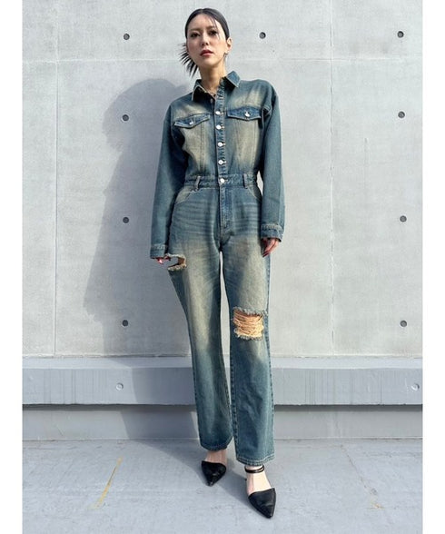 ヴィンテージ加工デニムオールインワン