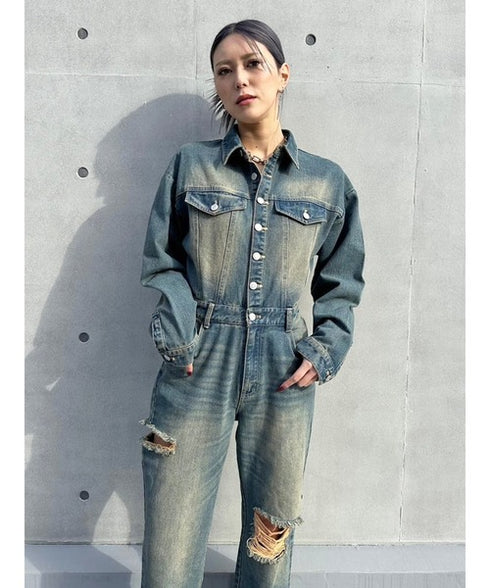 ヴィンテージ加工デニムオールインワン