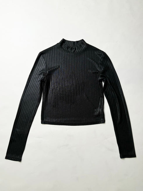 ボトルネックホイルプリントリブトップス