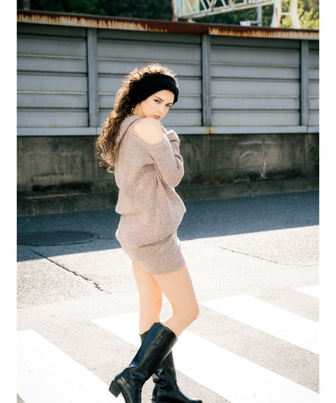 肩あきフードMIX二ットトップ