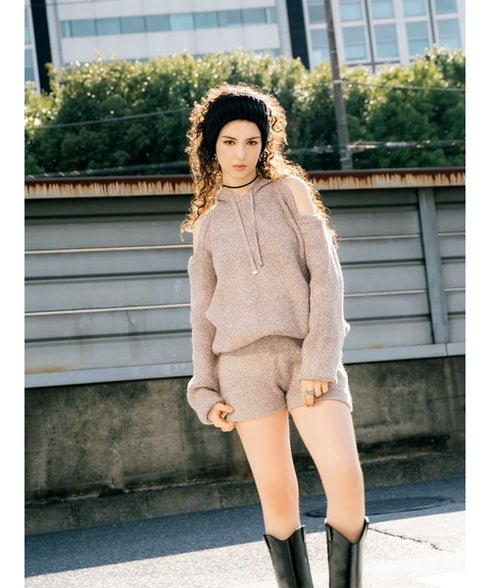 肩あきフードMIX二ットトップ