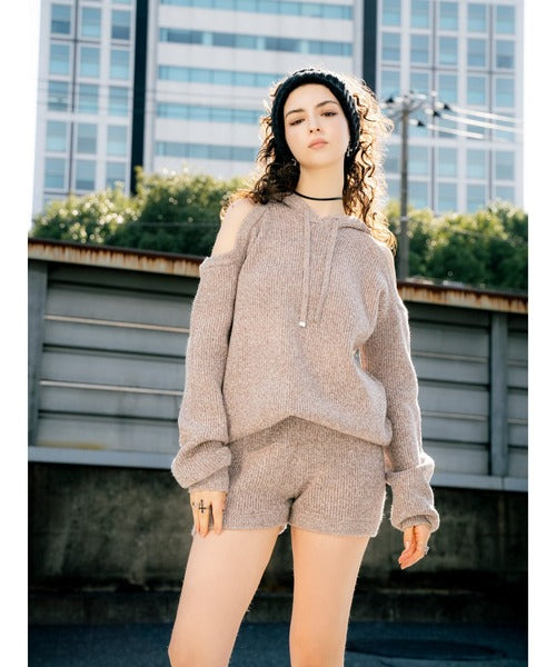 肩あきフードMIX二ットトップ