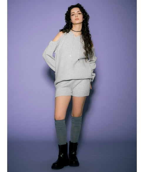 肩あきフードMIX二ットトップ