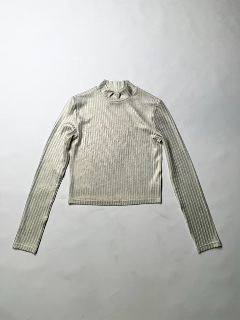 ボトルネックホイルプリントリブトップス