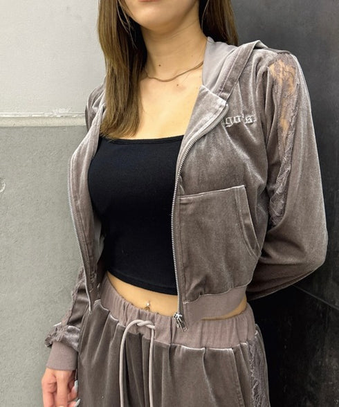 袖レースベロアパーカー