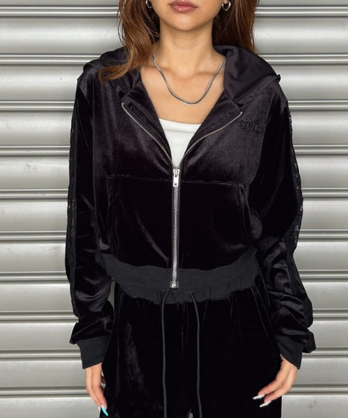 袖レースベロアパーカー