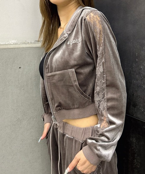 袖レースベロアパーカー