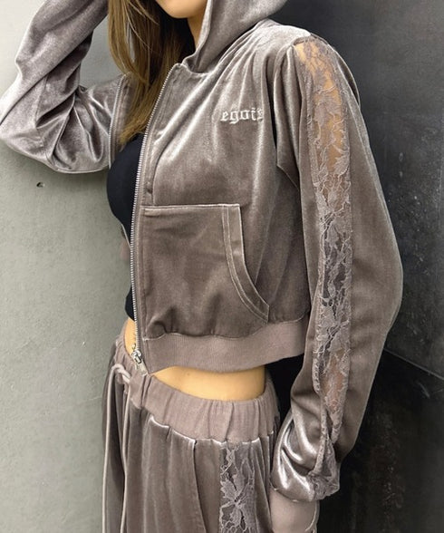 袖レースベロアパーカー