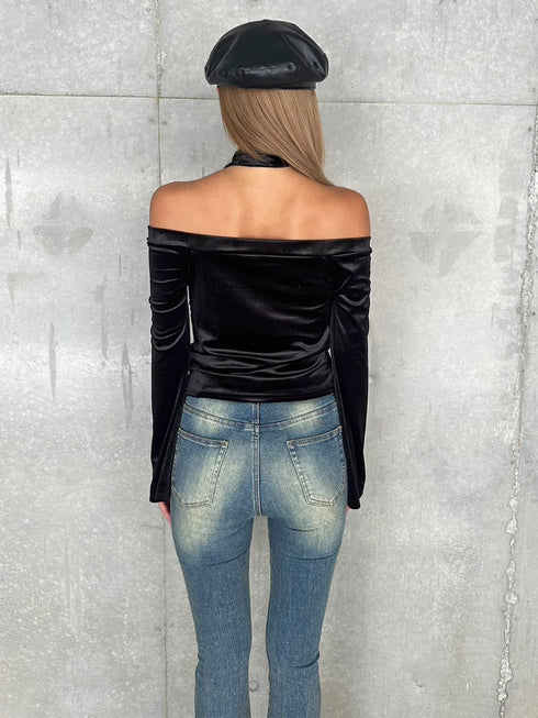 ストール付オフショルベロアトップ