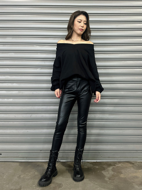 サイドデザイン フェイクレザースキニーパンツ