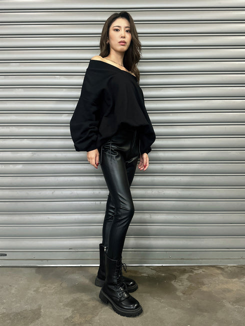 サイドデザイン フェイクレザースキニーパンツ