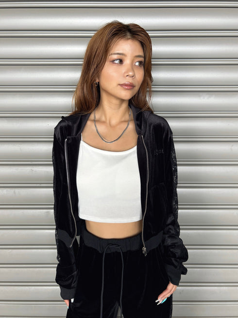 袖レースベロアパーカー