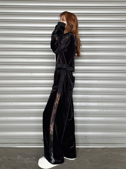 脇レースベロアストレートパンツ