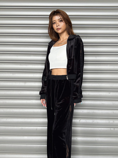 袖レースベロアパーカー