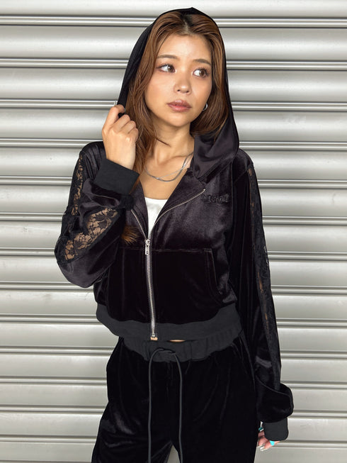 袖レースベロアパーカー