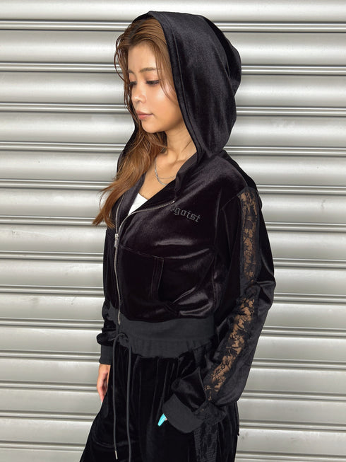 袖レースベロアパーカー