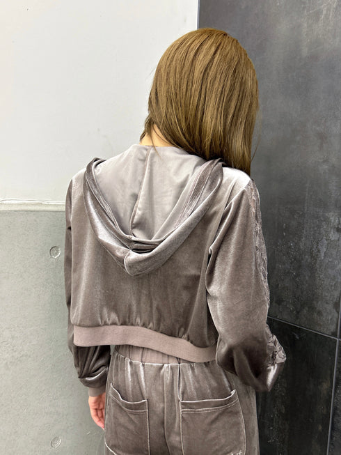 袖レースベロアパーカー