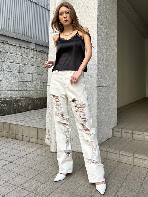 レースサテンキャミトップス