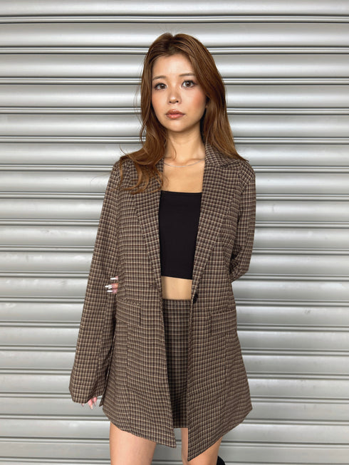 フレアスリーブチェック柄シングルジャケット
