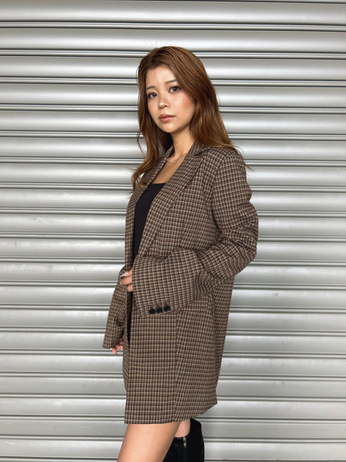 フレアスリーブチェック柄シングルジャケット