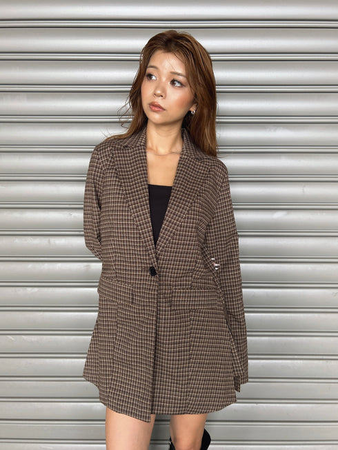フレアスリーブチェック柄シングルジャケット