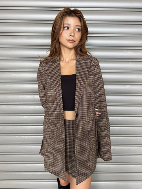 フレアスリーブチェック柄シングルジャケット