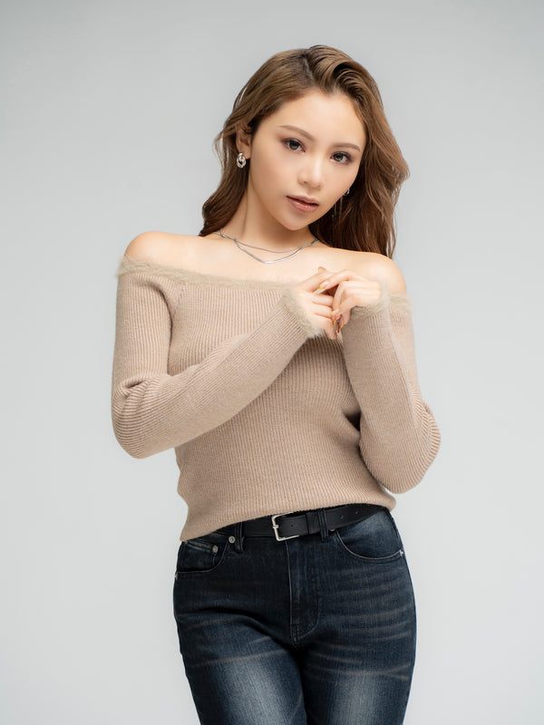 端シャギータイトオフショルニットトップス