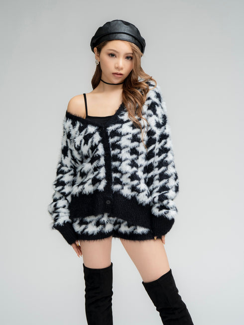 千鳥柄シャギーニットカーディガン