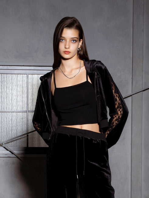 袖レースベロアパーカー