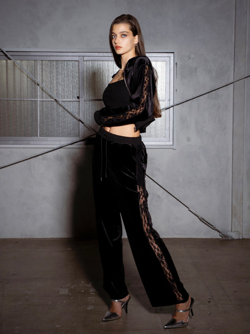 脇レースベロアストレートパンツ