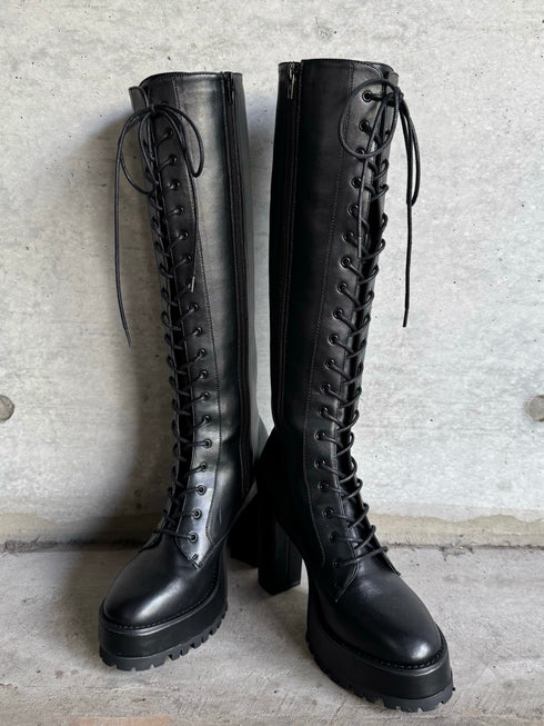 フェイクレザーレースアップロングブーツ