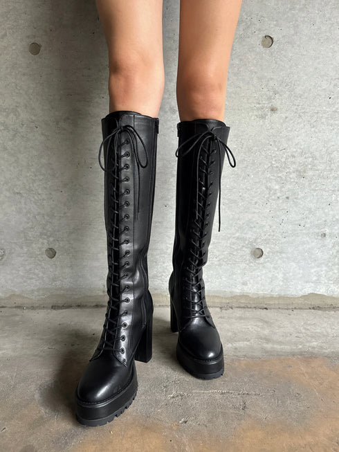 フェイクレザーレースアップロングブーツ
