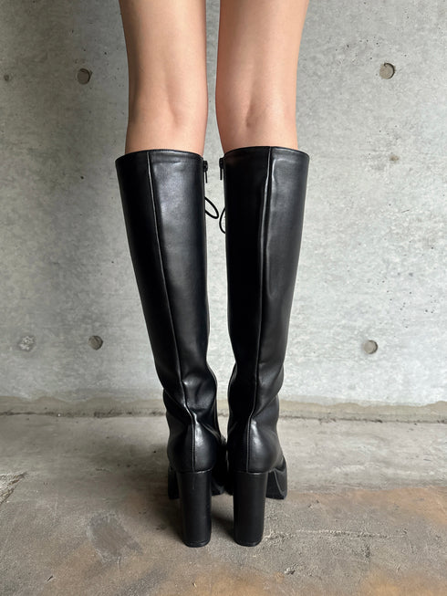 フェイクレザーレースアップロングブーツ