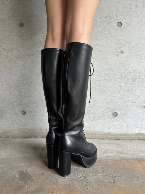 フェイクレザーレースアップロングブーツ