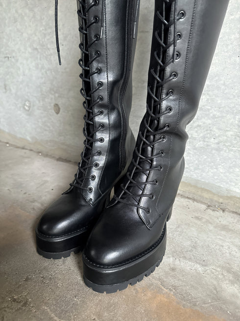 フェイクレザーレースアップロングブーツ