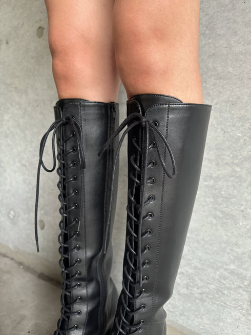 フェイクレザーレースアップロングブーツ