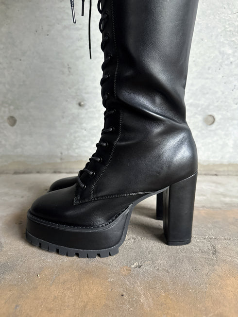 フェイクレザーレースアップロングブーツ