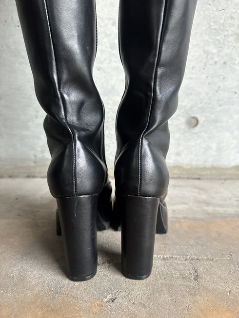 フェイクレザーレースアップロングブーツ