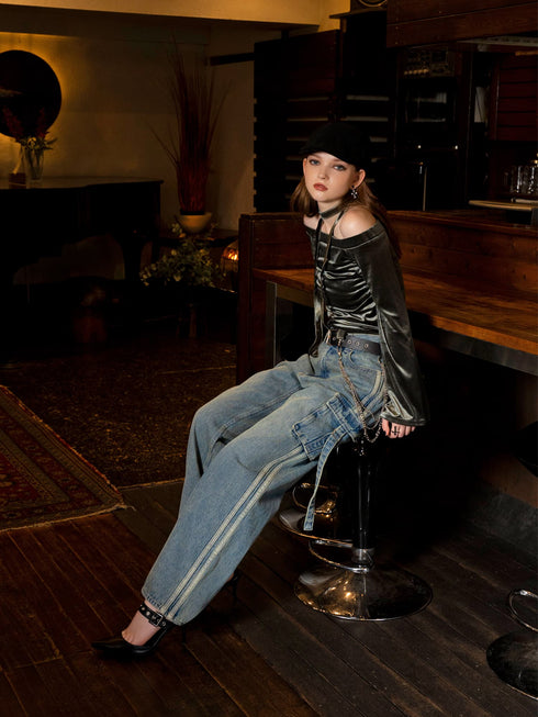 ストール付オフショルベロアトップ