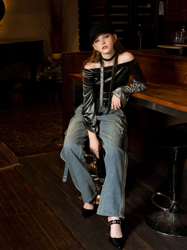 ストール付オフショルベロアトップ